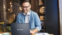 Man in cafe on Dynabook laptop-Lifestyle