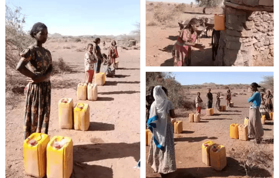 Three images of people collecting water